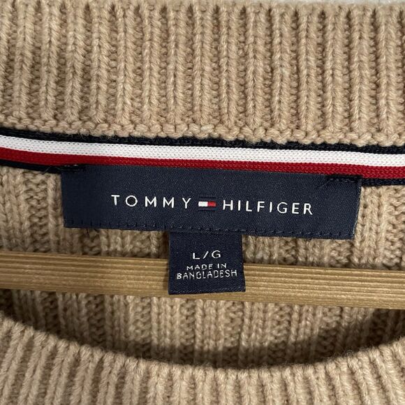 Tommy Hilfiger Sweater Women’s L Tan Cable Knit Drop Shoulder Dolman Sleeve Boxy - Picture 5 of 8